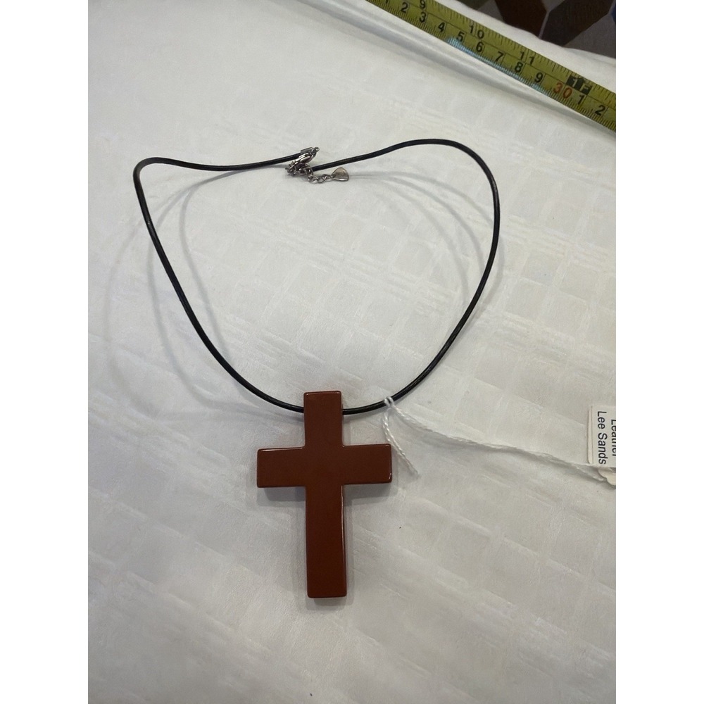 Lee Sands Sterling Silver 925‎ Red Stone Cross Pendant Necklace 16" Leather Cord